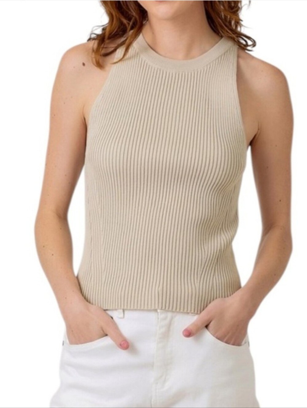 Ribbed Halter Tank Top in Beige